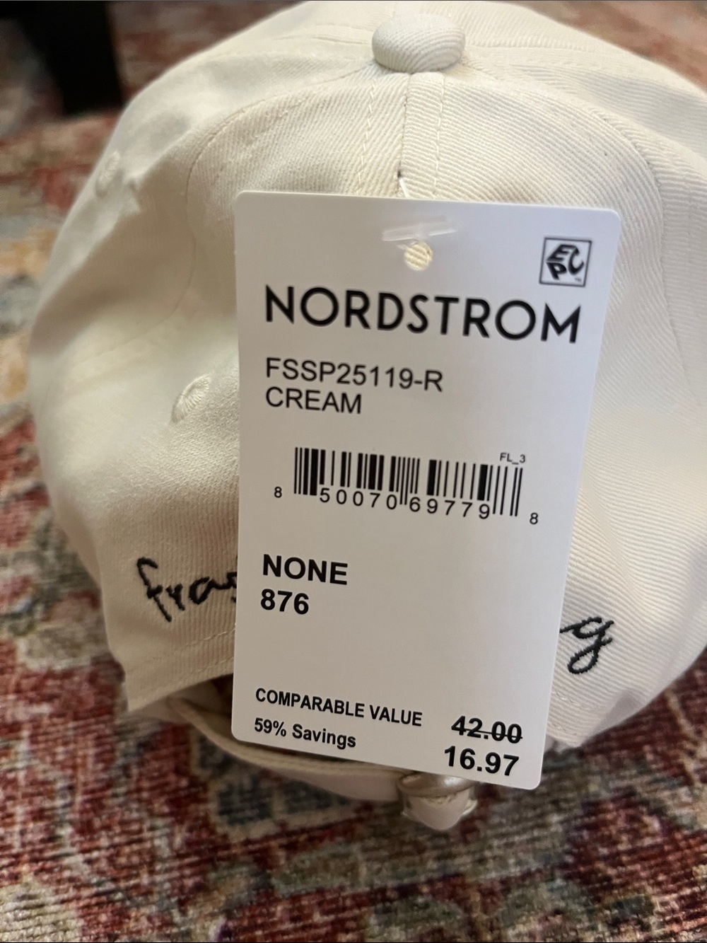 Nordstrom Cream Baseball Cap with Green and Pink Beaded Embellishment Olives - Picture 8 of 8